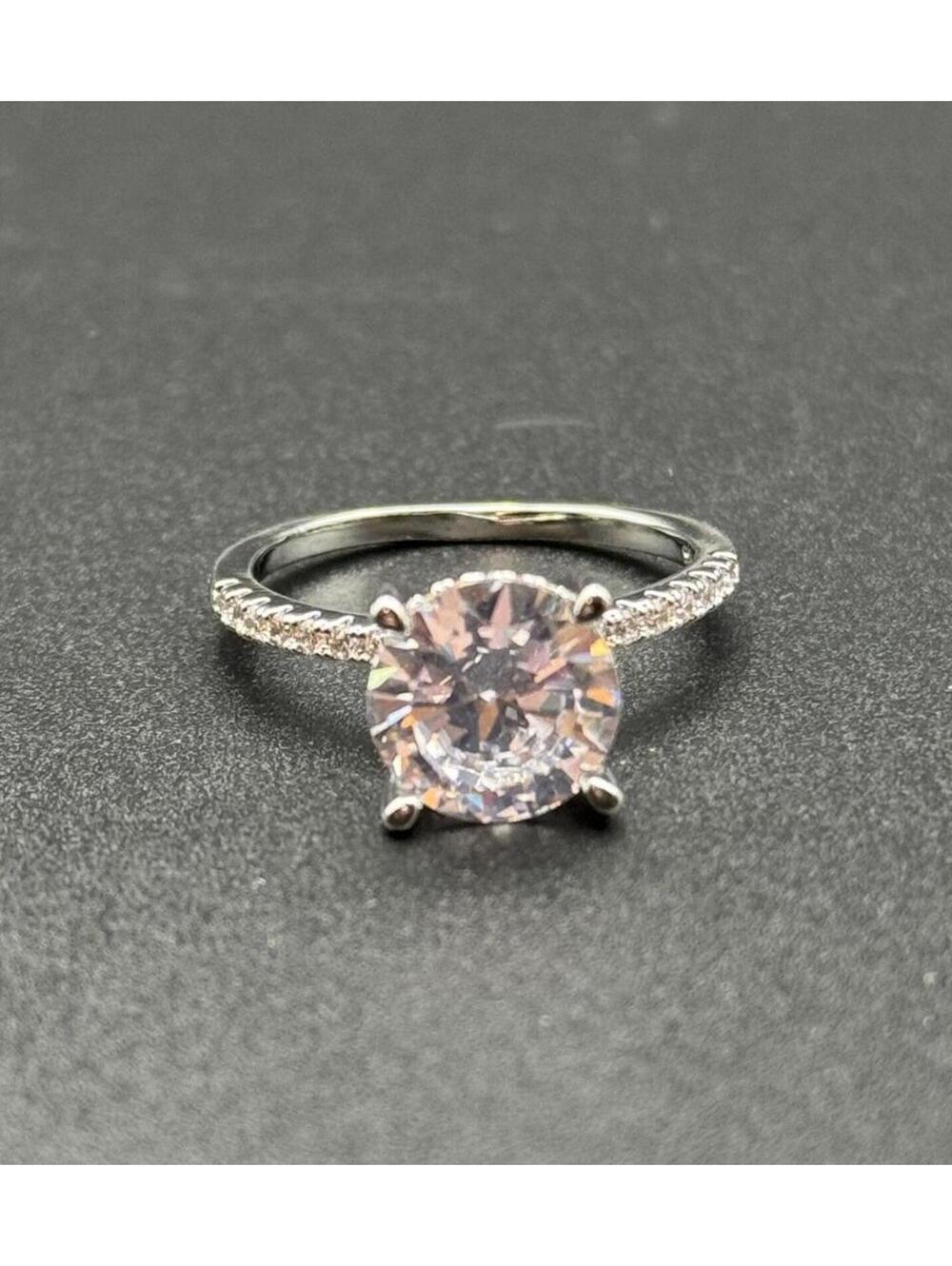 925 Silver Round Brilliant Solitaire Ring w/ Micro Pave Band - Size 9